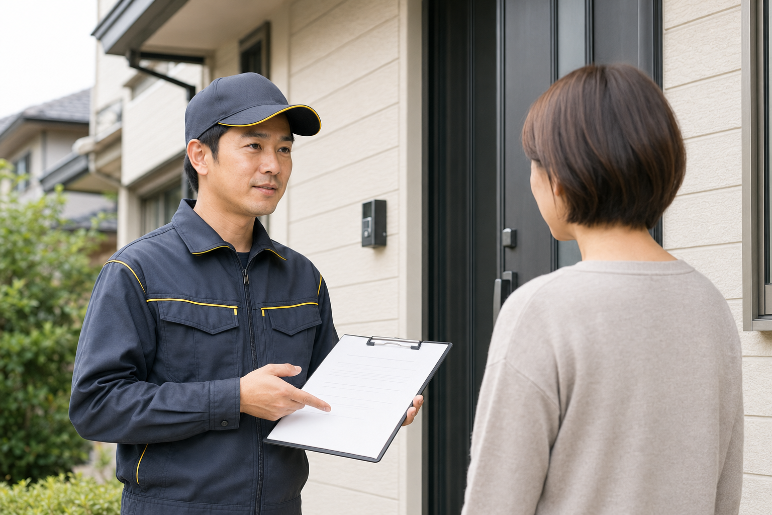 作業後にお客様へ保証内容を説明するスタッフ